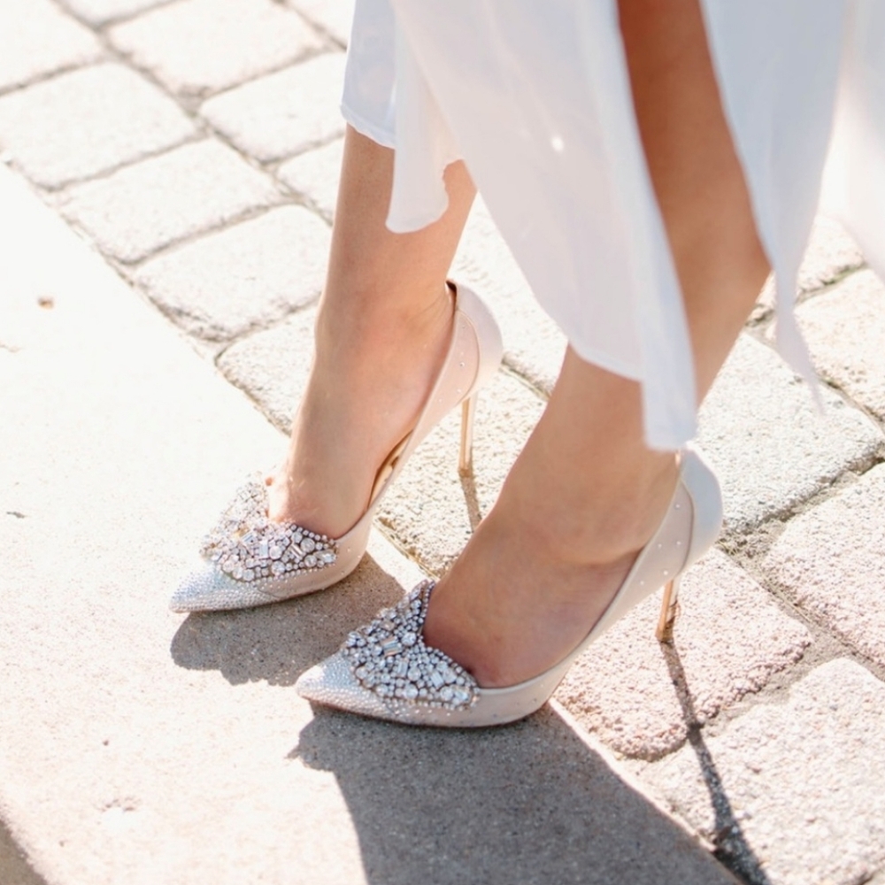 Badgley Mischka Quintana Rhinestone Satin Mesh Pumps Evening Wedding Heels - Picture 2 of 16